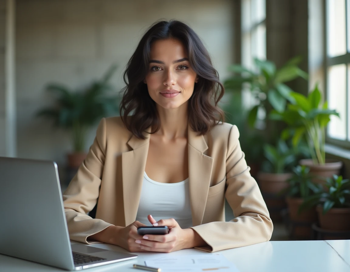 Jeune femme influenceuse assise à un bureau moderne dans un espace de coworking parisien, illustrant le succès entrepreneurial sur les réseaux sociaux