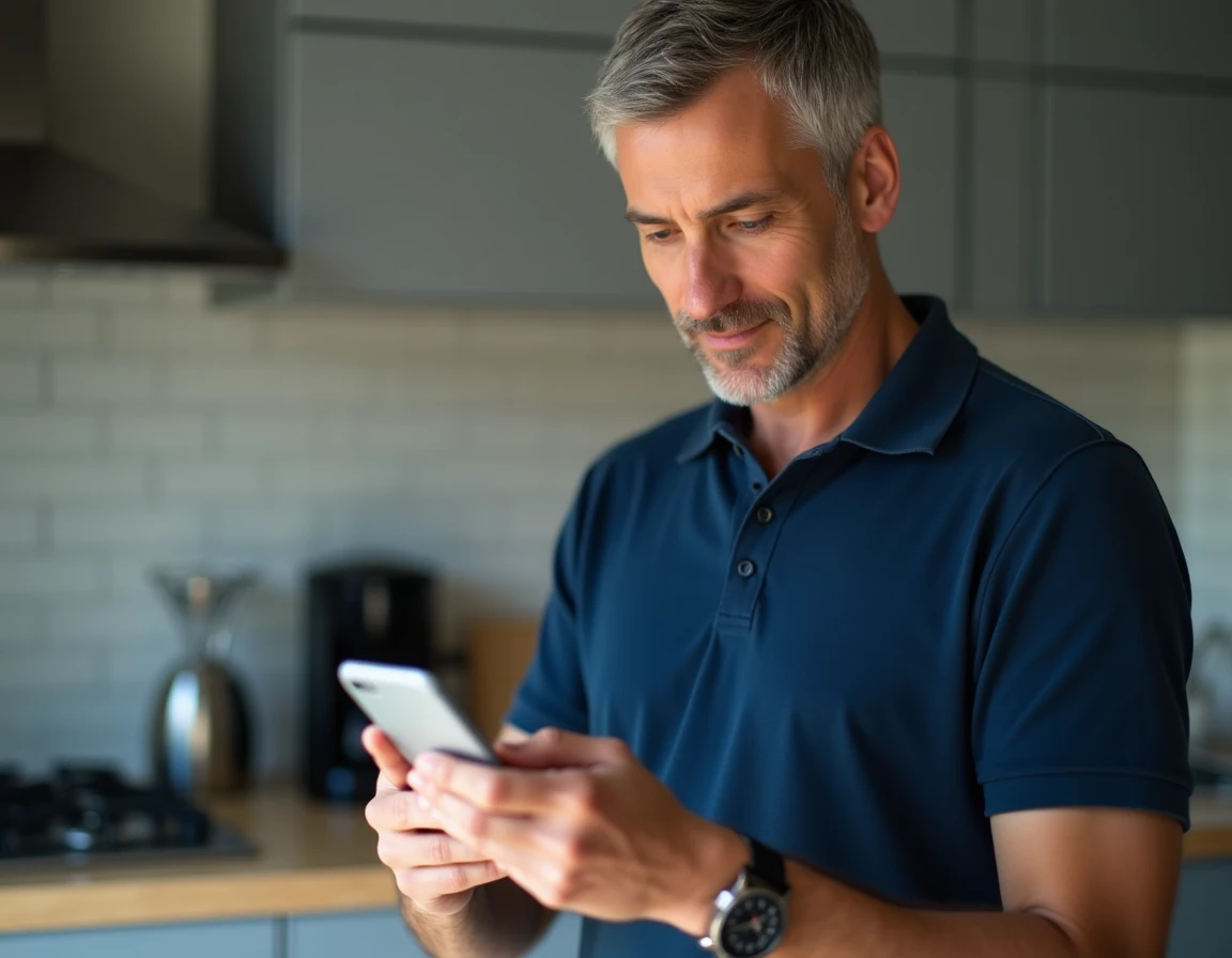 Homme gérant ses photos sur smartphone dans une cuisine, explorant les options de la galerie Android indépendamment de Google Photos