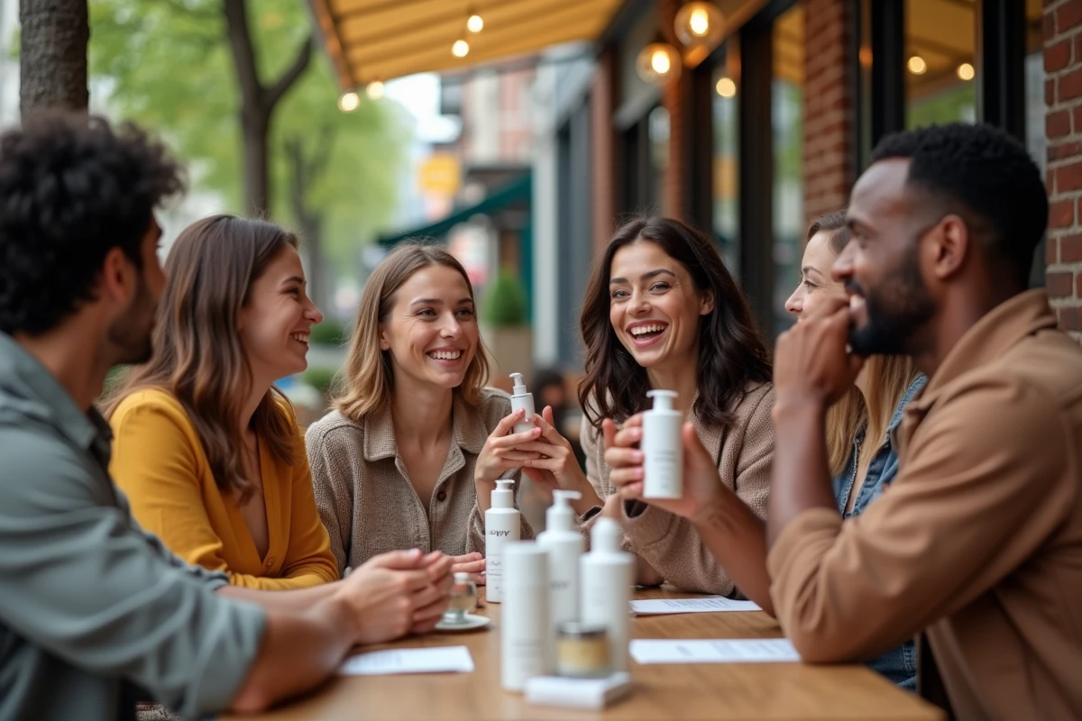 Groupe diversifié partageant des produits de soin au café en extérieur