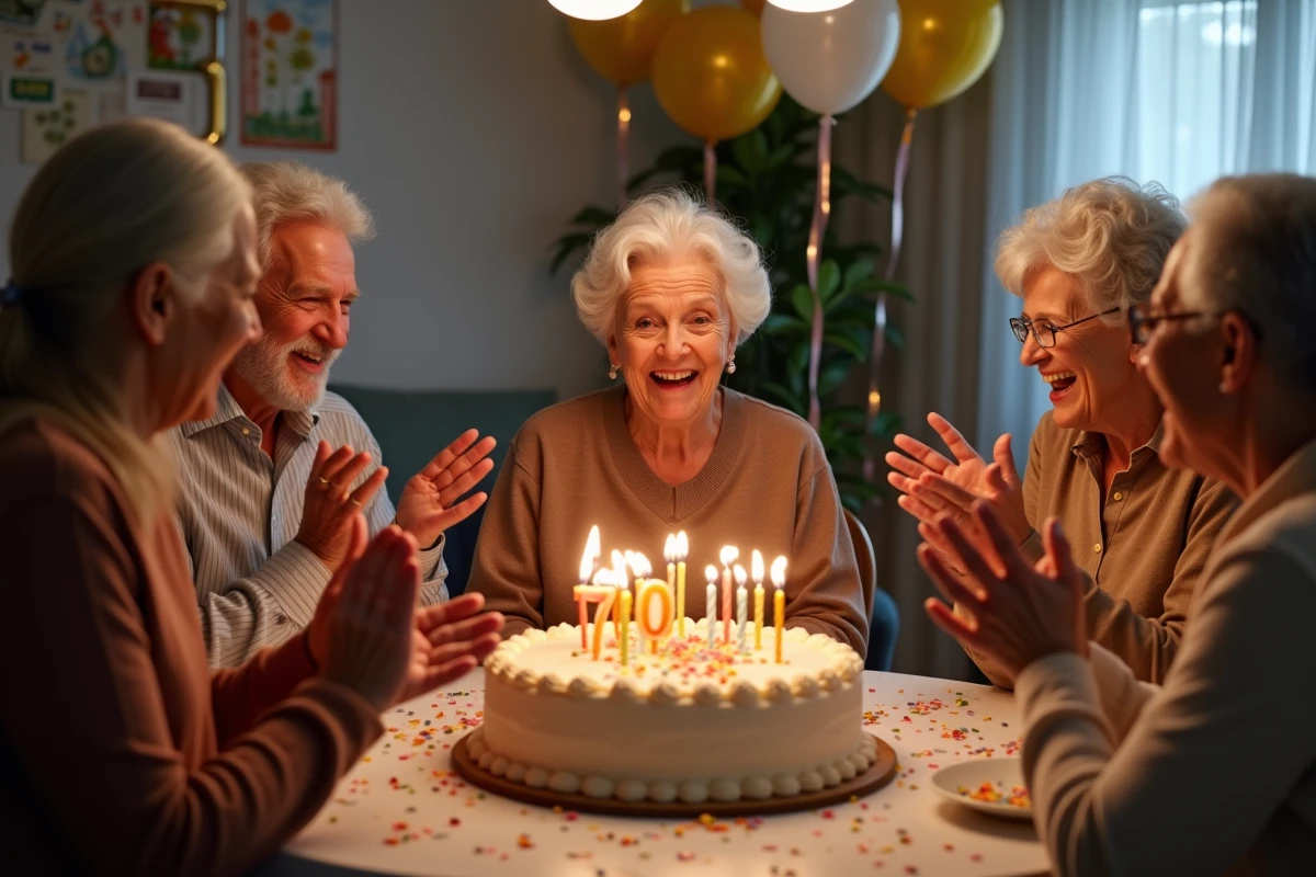 Groupe de famille réuni autour d'un gâteau d'anniversaire pour fêter les 70 ans d'une femme