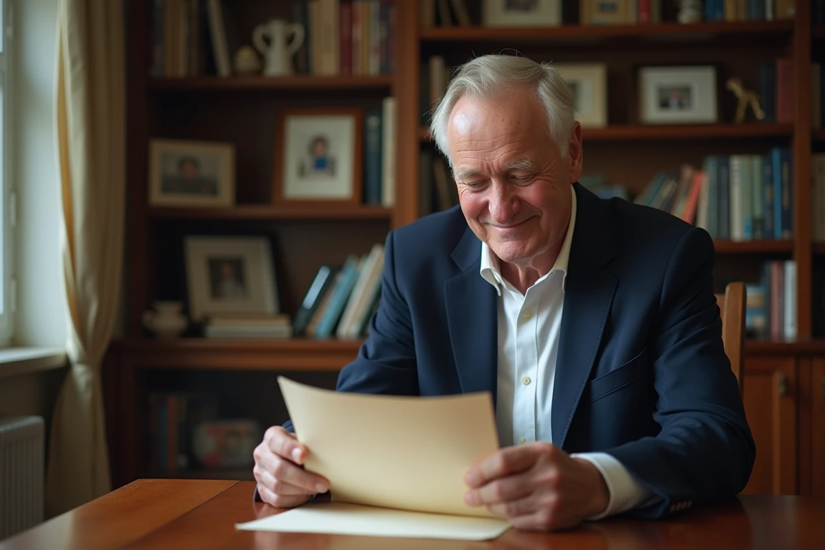 Homme de 70 ans lisant une lettre d'anniversaire manuscrite avec un sourire nostalgique à la maison