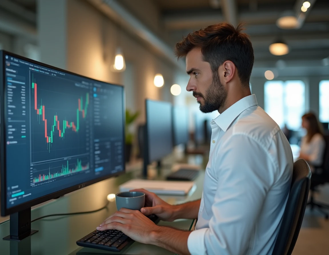 Homme analysant des données financières sur un grand écran dans un espace de coworking moderne