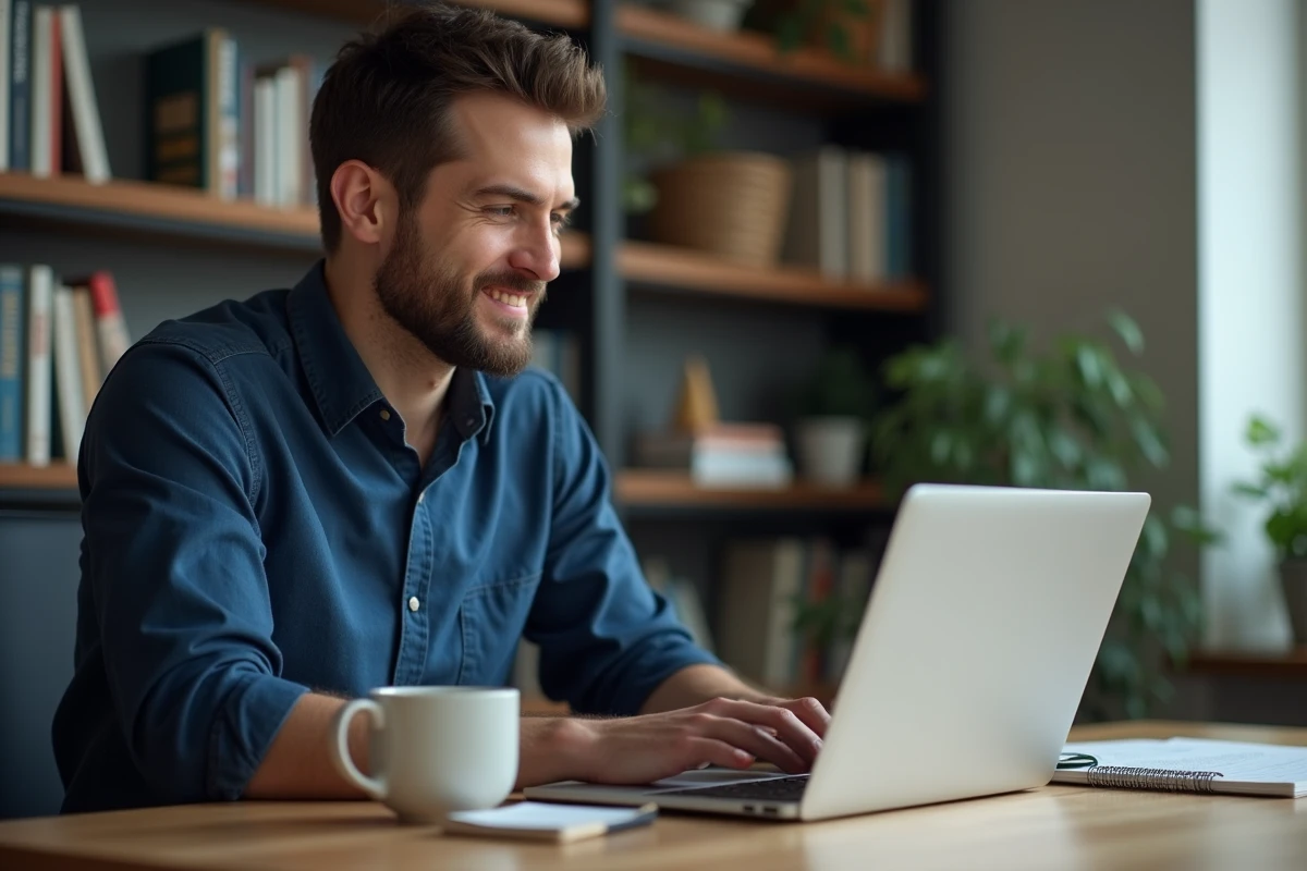 Homme analysant des options de paris en ligne sur un ordinateur portable dans un bureau moderne