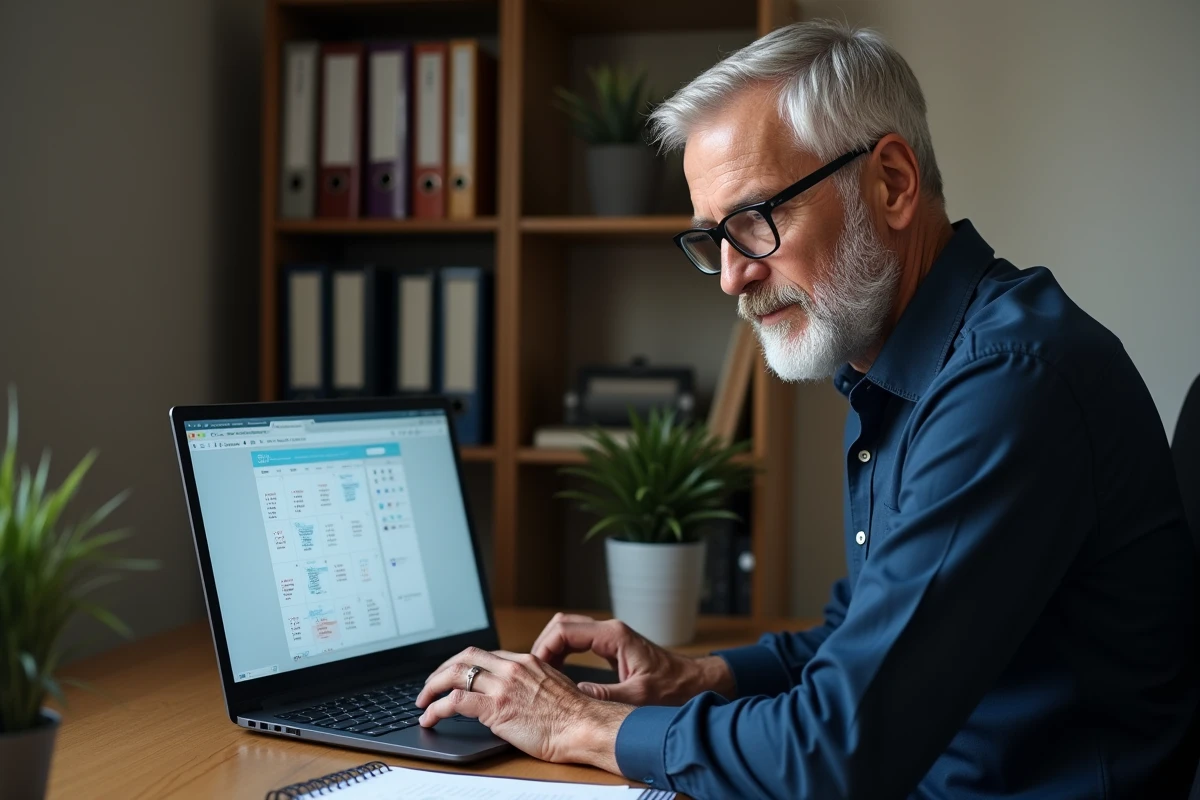 Homme senior consultant un PDF de calendrier de pensions d'invalidité 2026 sur un ordinateur portable à domicile