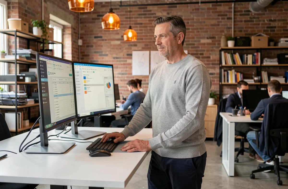 Homme debout à un bureau réglable en hauteur utilisant deux écrans et des logiciels de productivité dans un espace de coworking