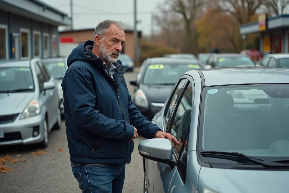 Homme d'une quarantaine d'années inspectant une voiture d'occasion compacte dans un lot de véhicules usagés en extérieur