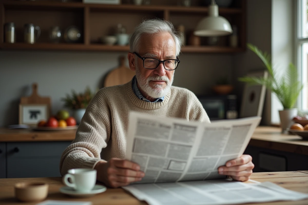 Homme mature lisant un journal dans une cuisine chaleureuse