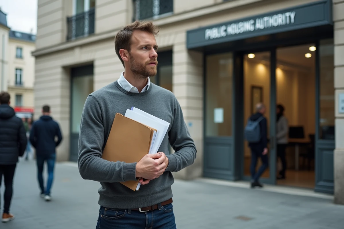 Homme se rendant au guichet d'un office HLM pour contester un refus de logement social