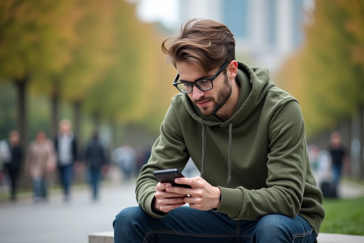 Jeune homme dans un parc urbain téléchargeant sur son smartphone
