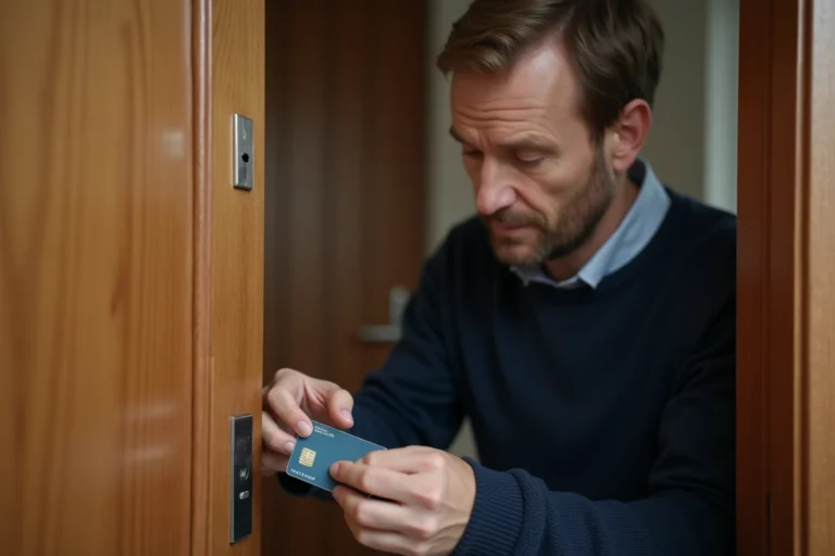 Homme moyenâgeux insérant une carte dans une serrure d'appartement