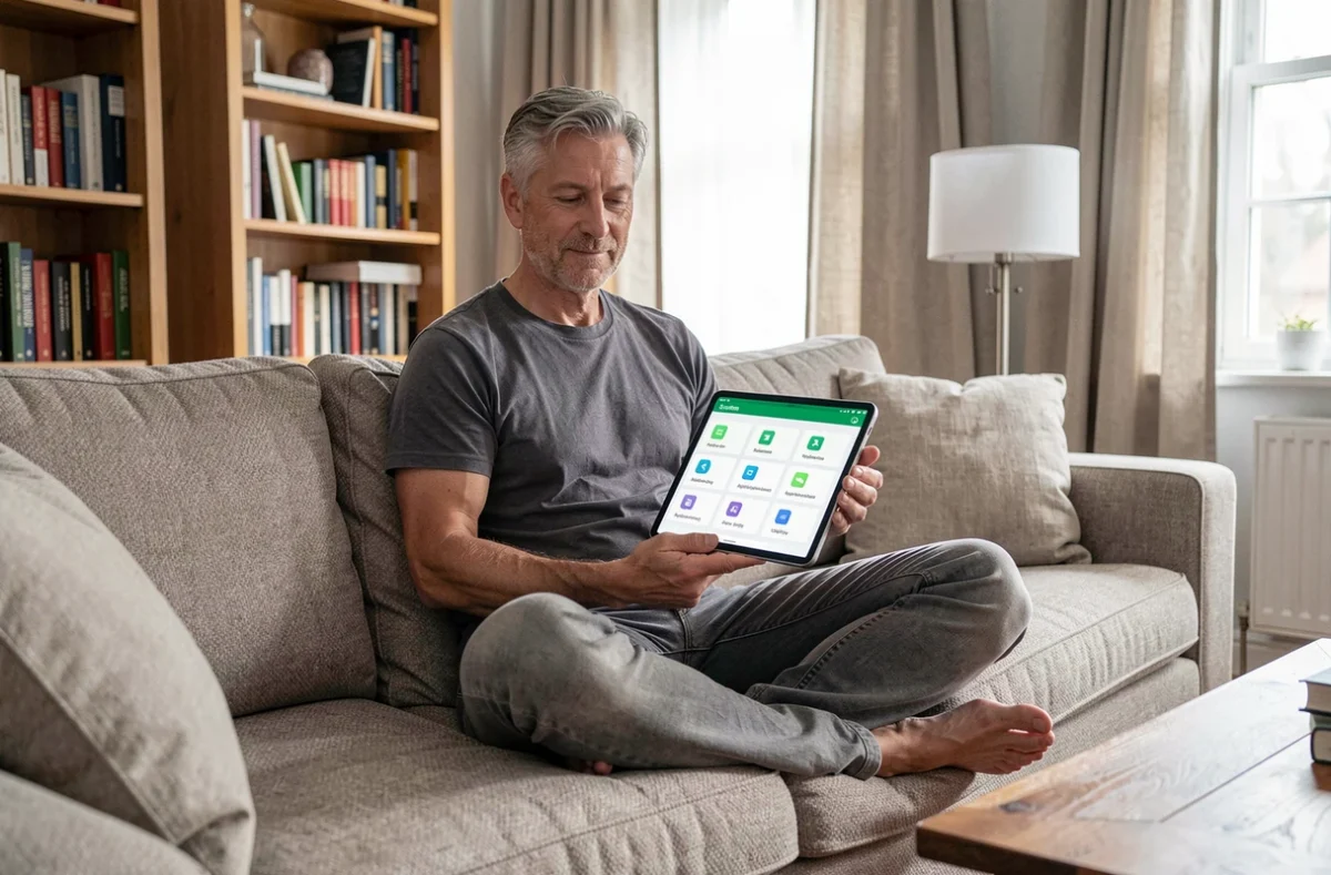 Homme consultant une tablette affichant des catégories de logiciels informatiques dans un salon à domicile