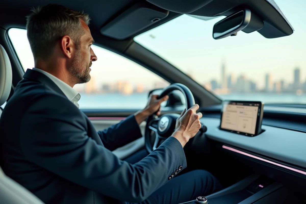 Homme en costume testant une voiture concept futuriste en intérieur