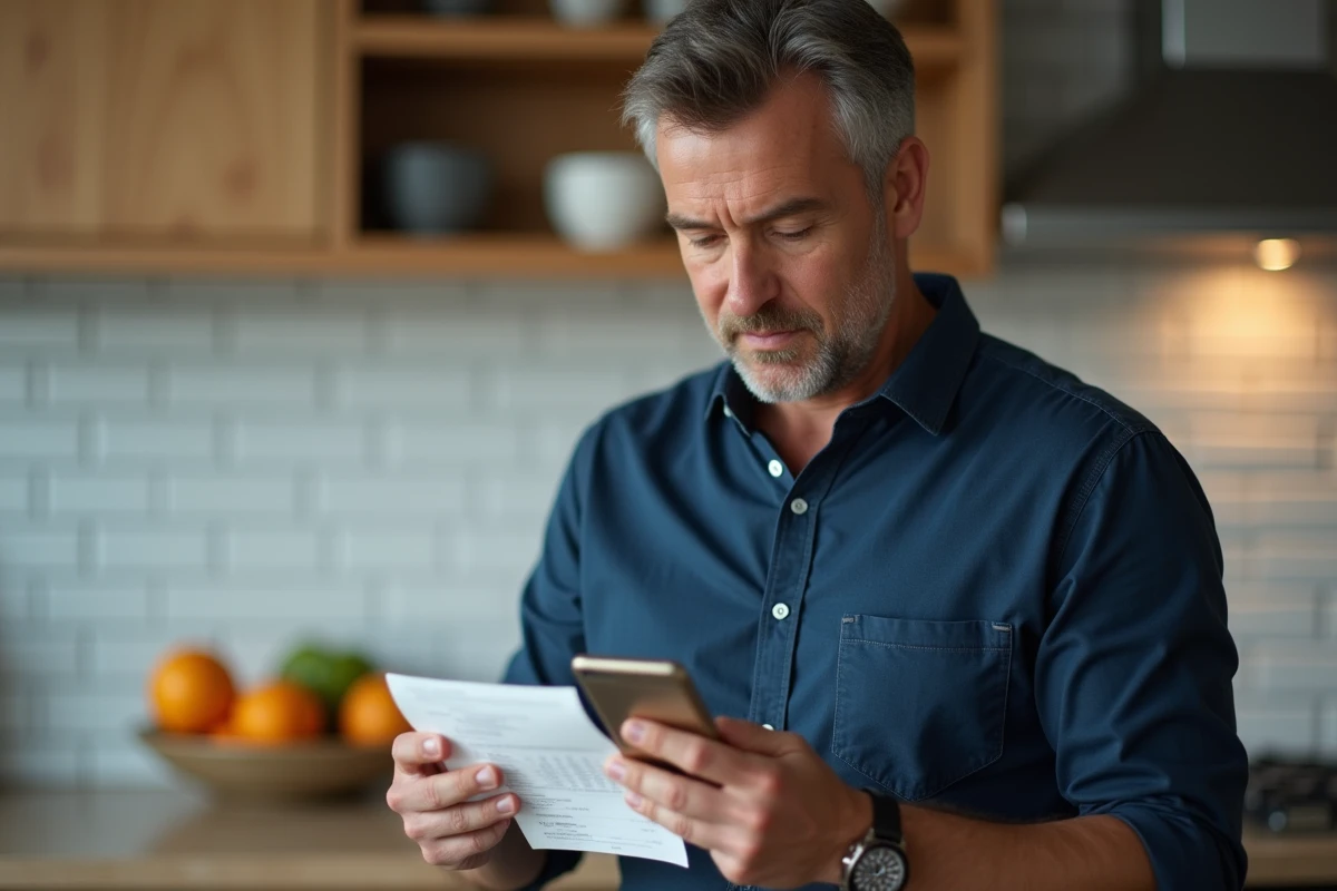 Homme comparant une facture papier Carrefour avec son compte en ligne sur smartphone dans une cuisine