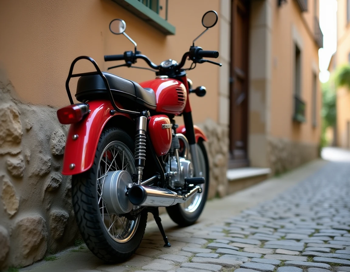 Honda Dax 125 rouge garé devant un mur en pierre dans un village français, vue trois quarts arrière sur pavés