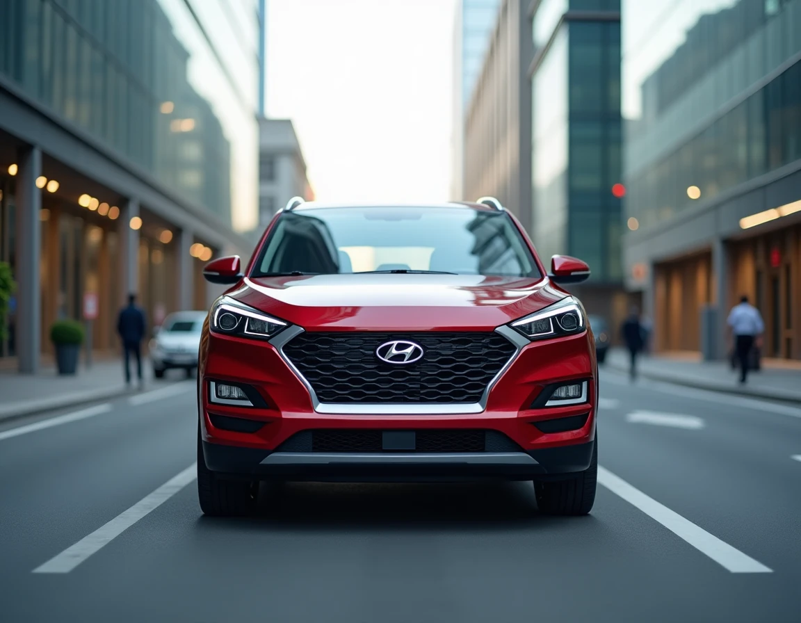 Hyundai Tucson hybride rouge garé sur un boulevard urbain avec des immeubles en verre en arrière-plan