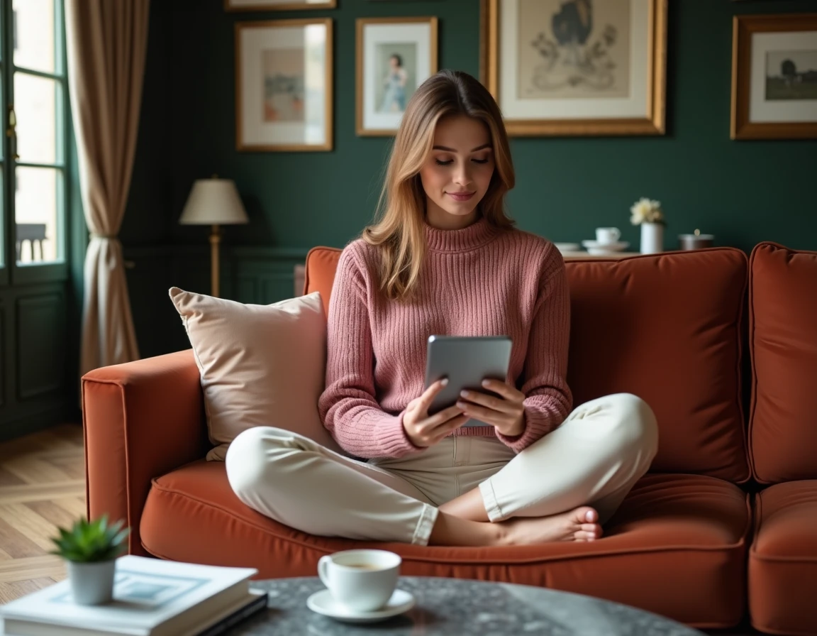 Jeune femme influenceuse dans un appartement parisien luxueux consultant une tablette, représentant la gestion de fortune et le succès numérique d'une créatrice de contenu