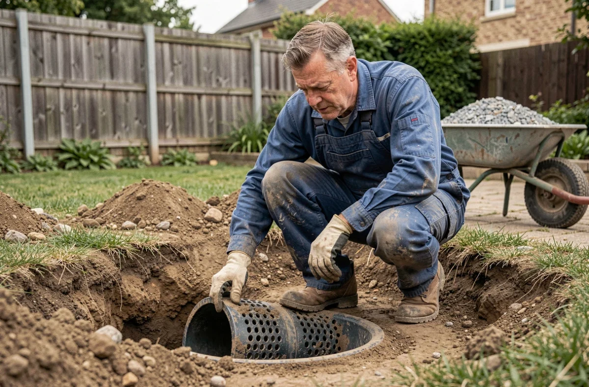 Plombier installant un puits perdu dans un jardin résidentiel, examinant un tuyau de drainage perforé au bord d'une tranchée creusée