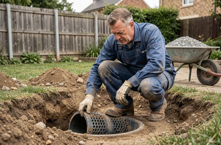 Plombier installant un puits perdu dans un jardin résidentiel, examinant un tuyau de drainage perforé au bord d'une tranchée creusée