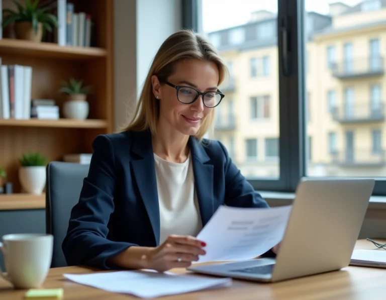 Femme investisseuse immobilière analysant des documents de rentabilité locative dans un bureau à domicile moderne