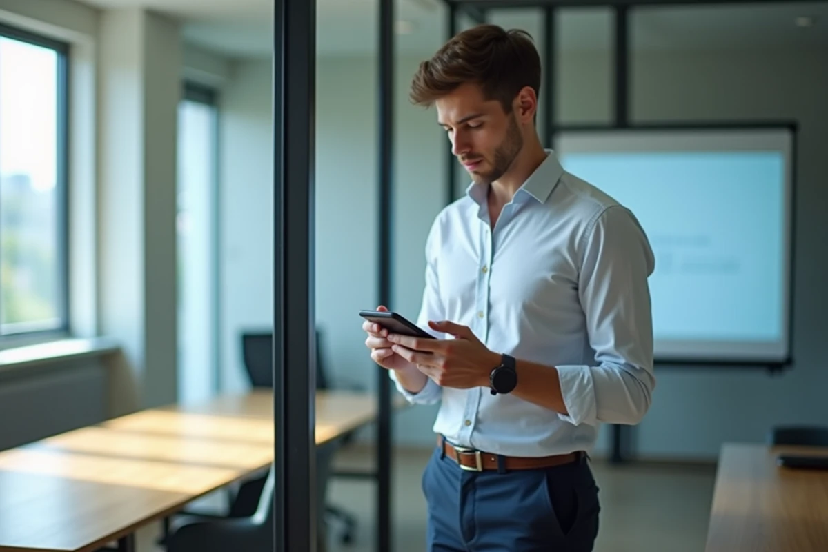 Jeune homme regardant son smartphone dans un espace de travail moderne