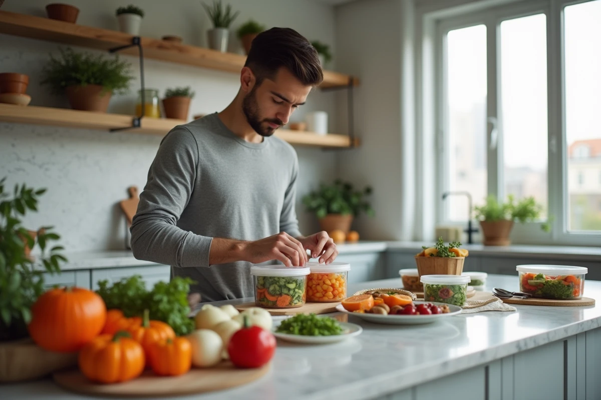 Jeune homme scelle restes dans la cuisine moderne