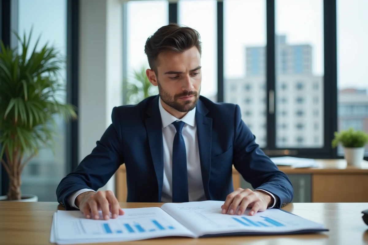 Jeune professionnel en costume dans un bureau immobilier moderne