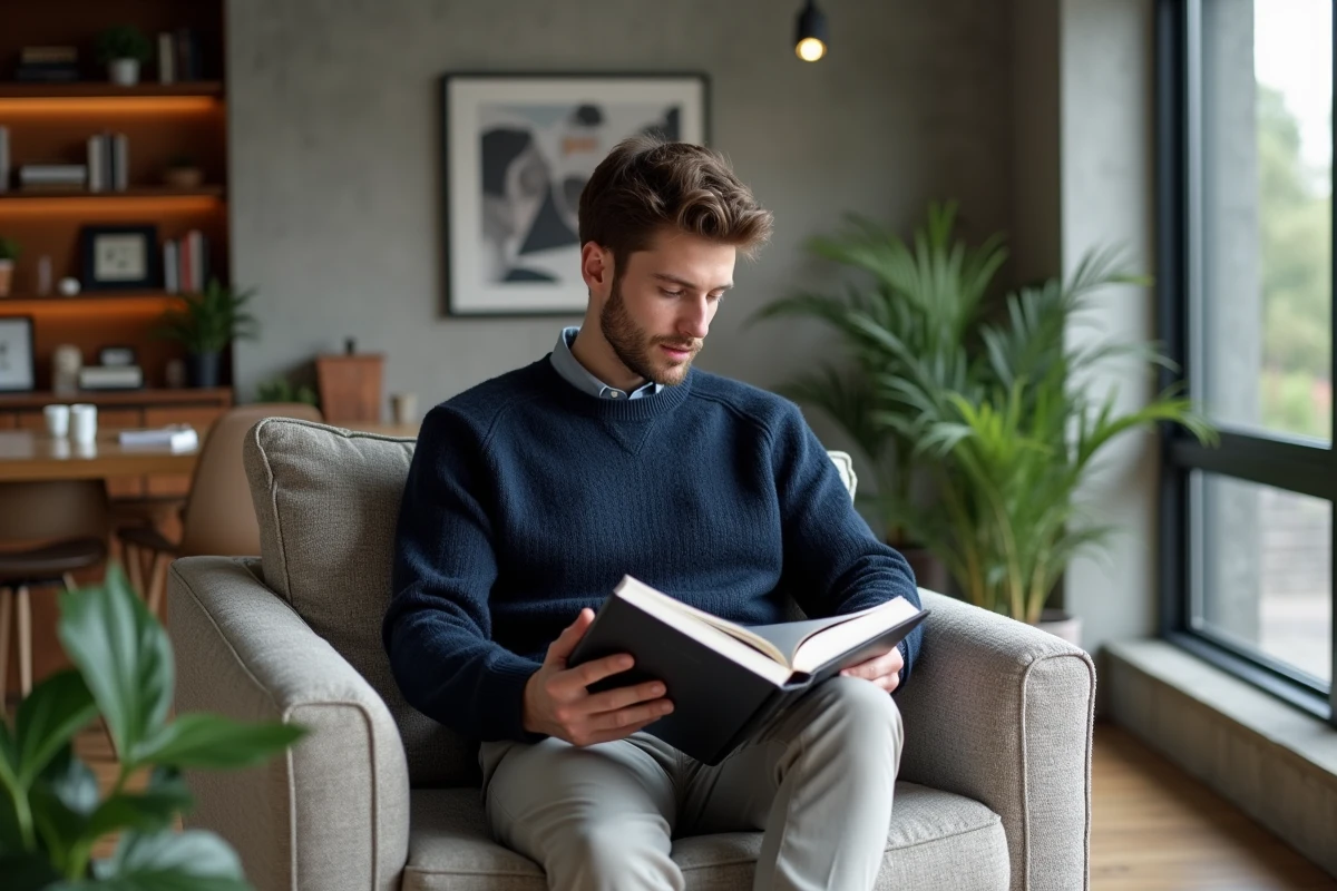Jeune homme lisant un livre d art dans un appartement moderne