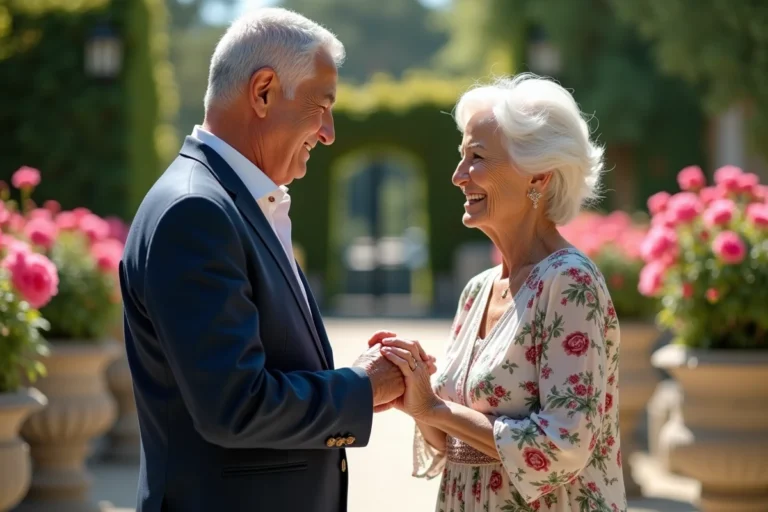 Couple de septuagénaires échangeant des alliances lors d'un mariage tardif sur une terrasse fleurie