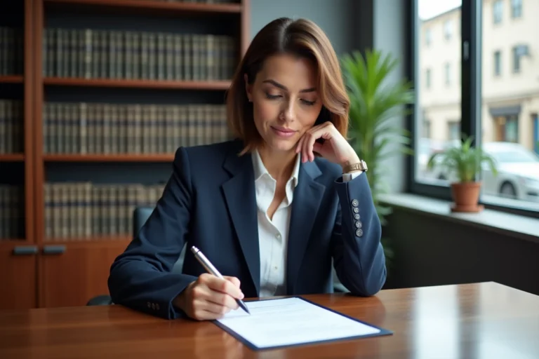Femme notaire en bureau moderne lit des documents officiels