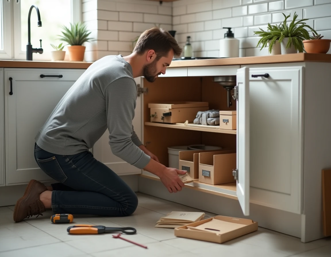 Homme organisant l'interieur d'un placard de cuisine avec des rangements en bois et des boites de stockage etiquetees