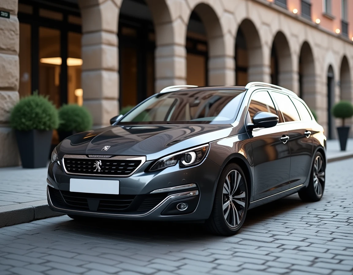 Peugeot 308 SW gris foncé garée devant un immeuble en pierre dans un cadre urbain européen