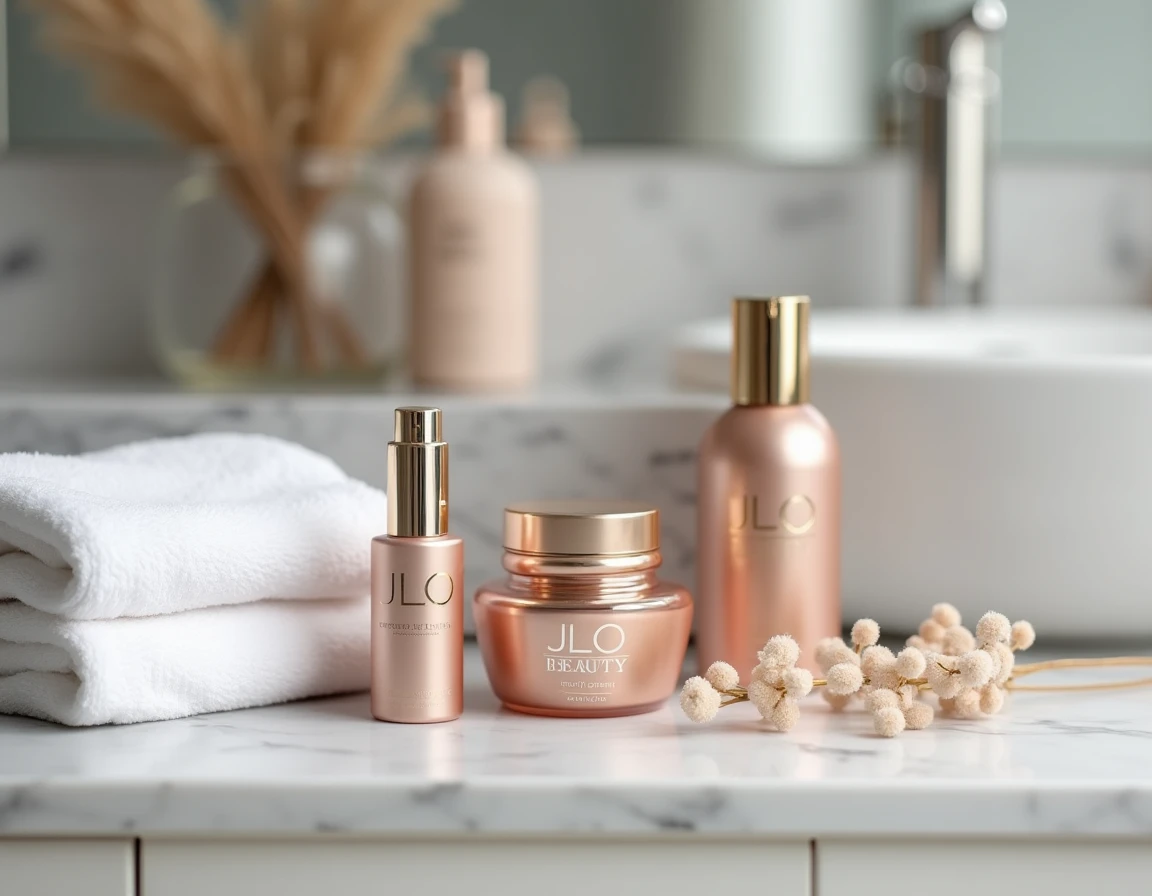 Produits JLo Beauty soigneusement disposés sur un plan de travail en marbre, illustrant la gamme retirée des rayons Sephora France