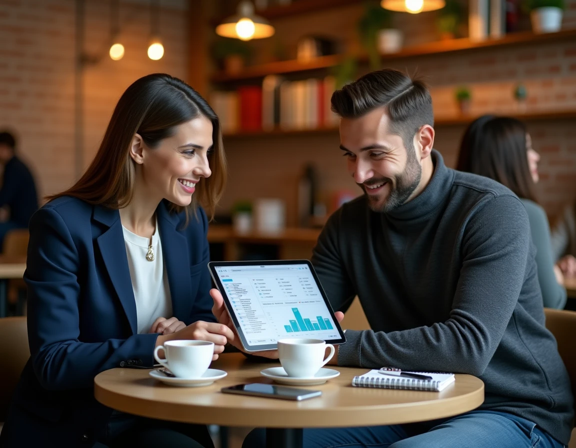 Deux professionnels consultant un cours de finance en ligne sur une tablette dans un café chaleureux