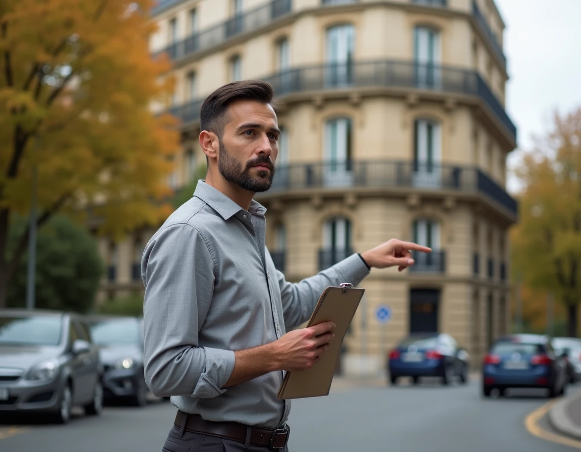 Propriétaire bailleur inspectant un immeuble locatif haussmannien dans une rue urbaine en automne