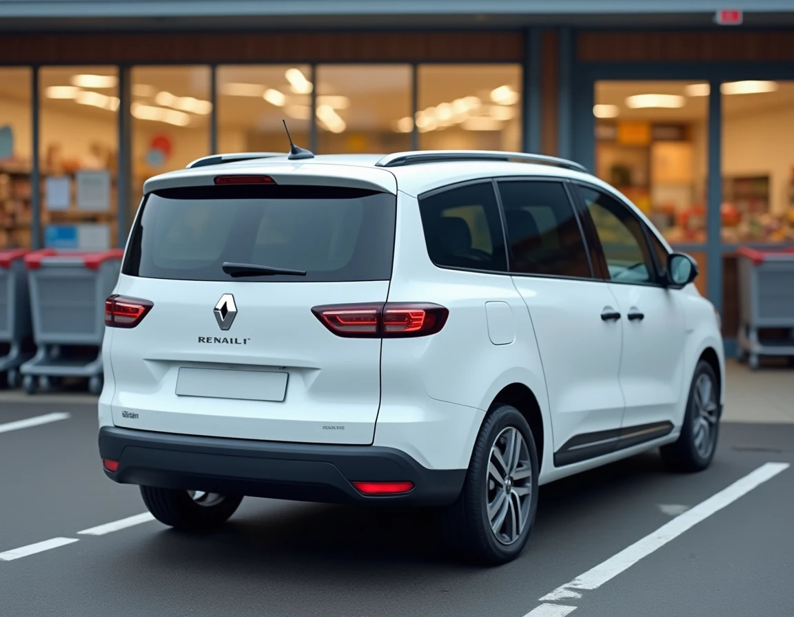 Renault Scénic IV blanc garé dans un parking de supermarché, vue trois-quarts arrière