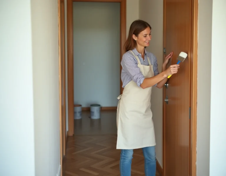 Femme renovant une porte interieure en appliquant de la peinture blanche dans un couloir moderne avec parquet en chevrons