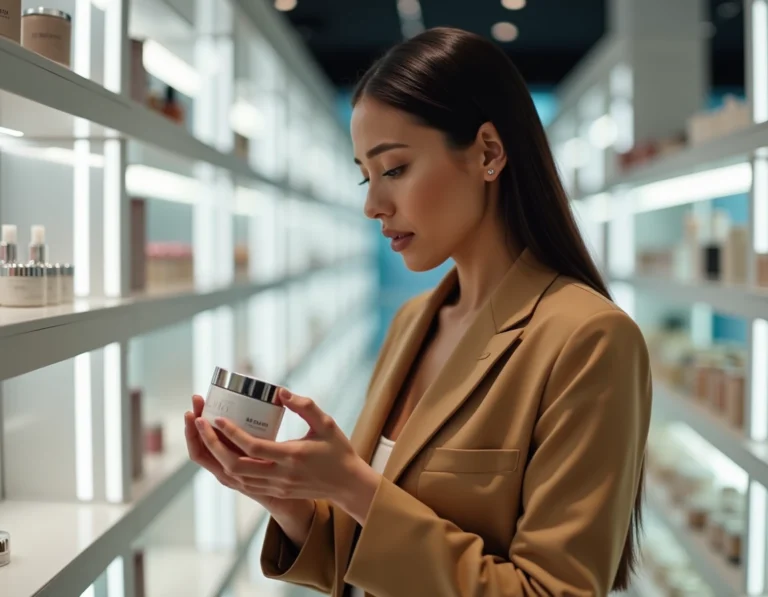 Femme tenant un produit JLo Beauty dans un rayon Sephora France aux étagères quasi vides, exprimant une déception face au retrait de la gamme