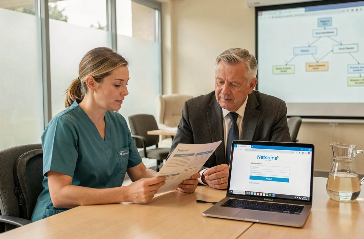 Deux professionnels de santé consultant un guide de configuration Netsoins lors d'une réunion administrative en EHPAD