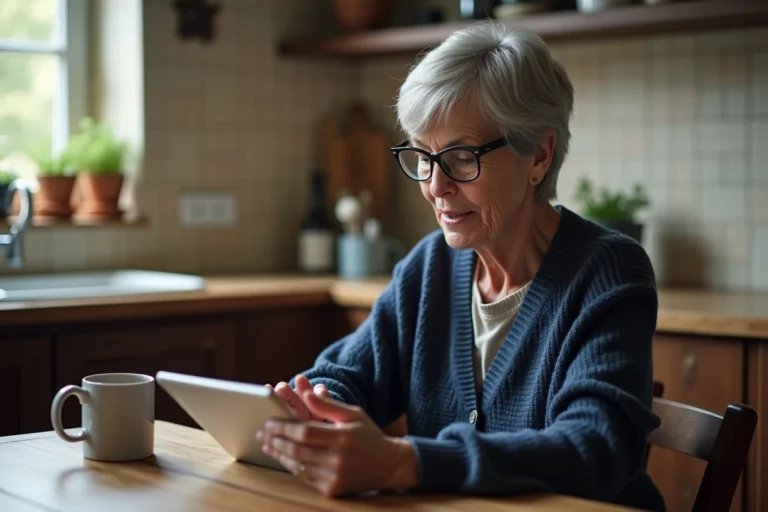 Femme senior aux cheveux argentés consultant une tablette numérique dans sa cuisine, illustrant les nouvelles tendances technologiques pour les personnes âgées