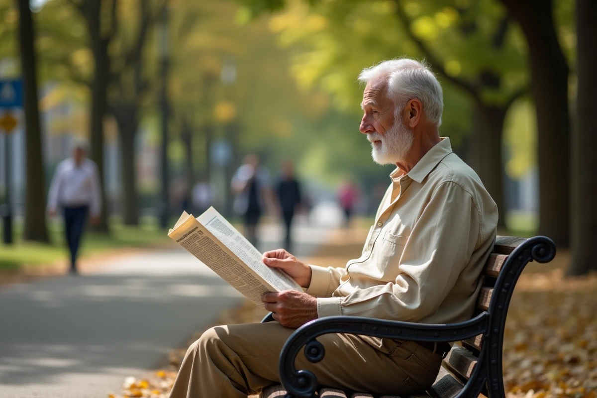Homme senior lisant un journal sur un banc de parc en automne, représentant l'accès à l'information et aux tendances actuelles pour les retraités