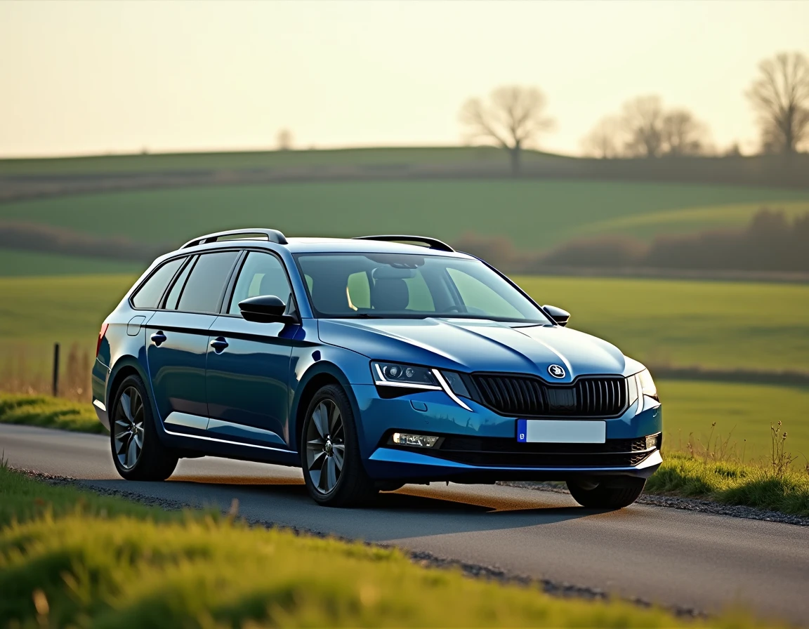 Skoda Octavia Combi bleu métallisé garé sur une route de campagne européenne avec des champs en arrière-plan