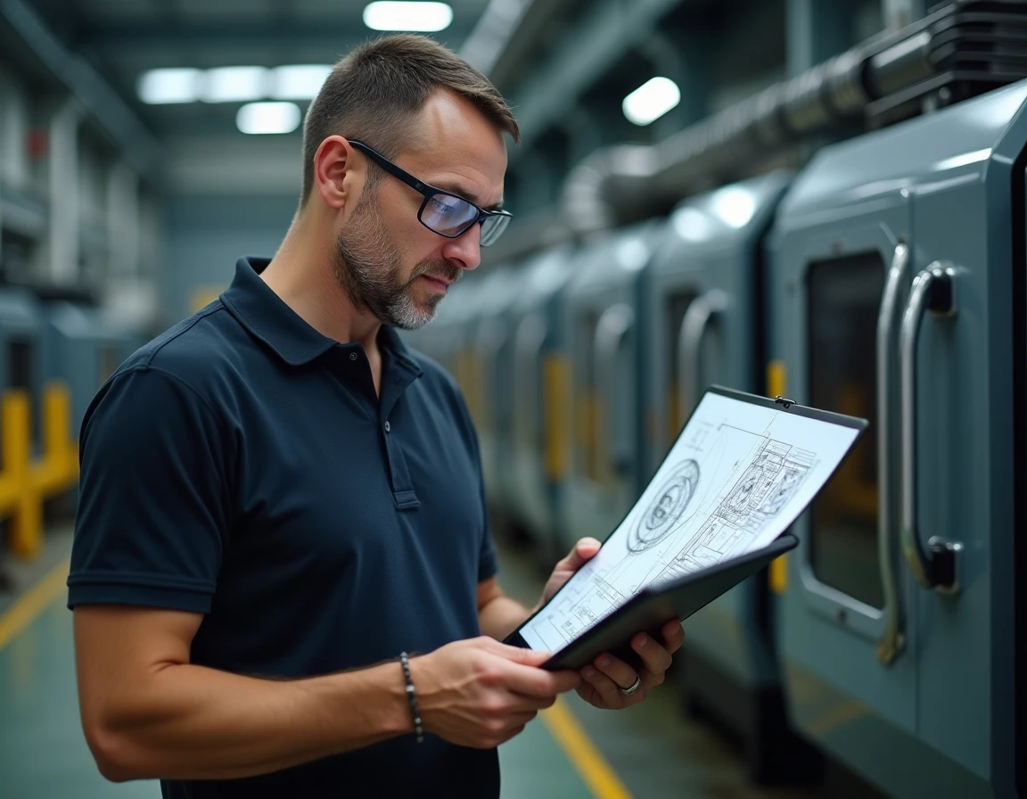 Technicien dessinateur CAO vérifiant des plans numériques sur tablette en comparaison avec une machine CNC dans un atelier industriel
