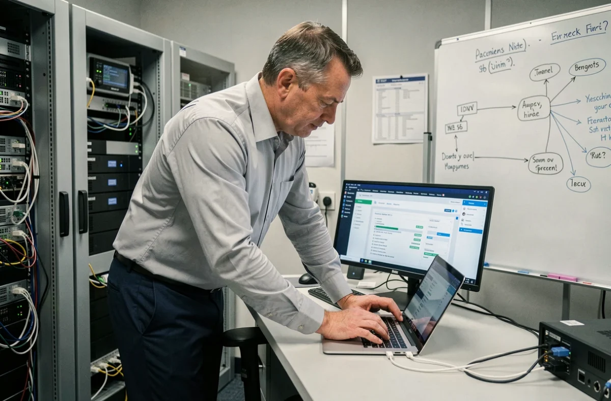 Technicien informatique paramétrant les accès réseau pour Netsoins dans une salle serveur d'EHPAD