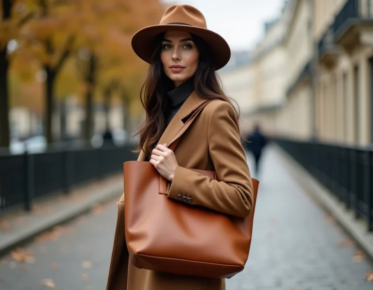 Femme élégante portant un chapeau à large bord et un sac tote en cuir cognac, dans une rue pavée parisienne en automne — tendances accessoires 2024