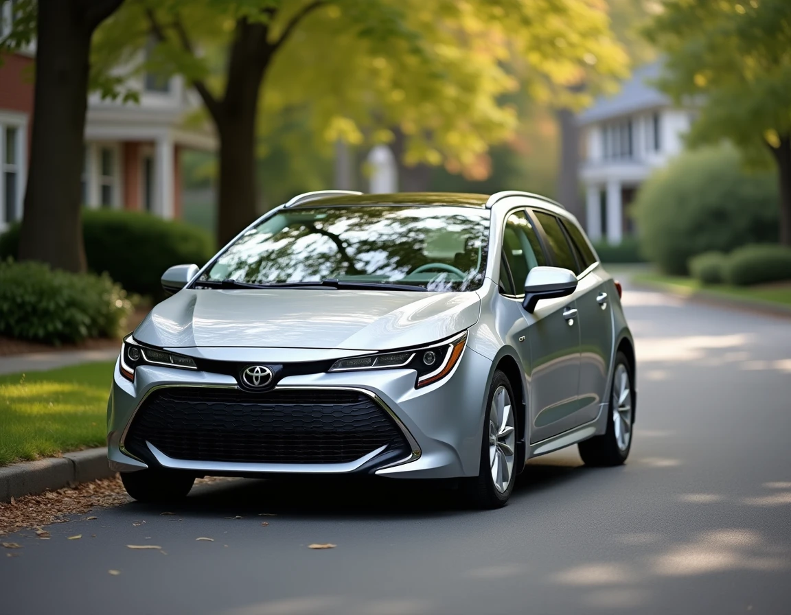 Toyota Corolla Touring Sports hybride argent garée sur une route résidentielle bordée d'arbres