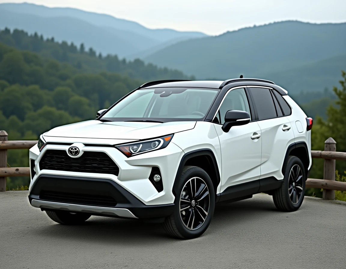 Toyota RAV4 hybride blanc garé sur un belvédère en gravier surplombant une vallée boisée