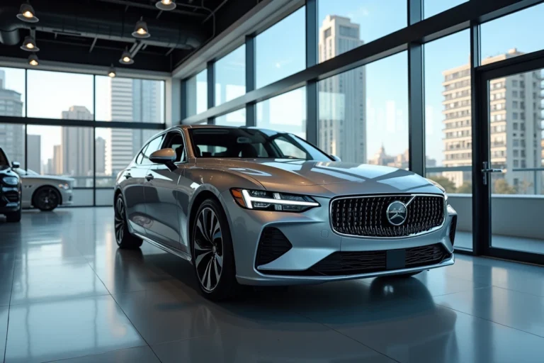 Voiture neuve berline argent exposée dans un showroom automobile moderne aux sols en béton poli