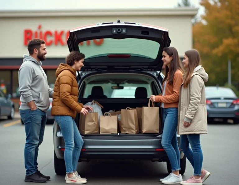 Une famille charge ses affaires dans un break familial d'occasion dans un parking résidentiel