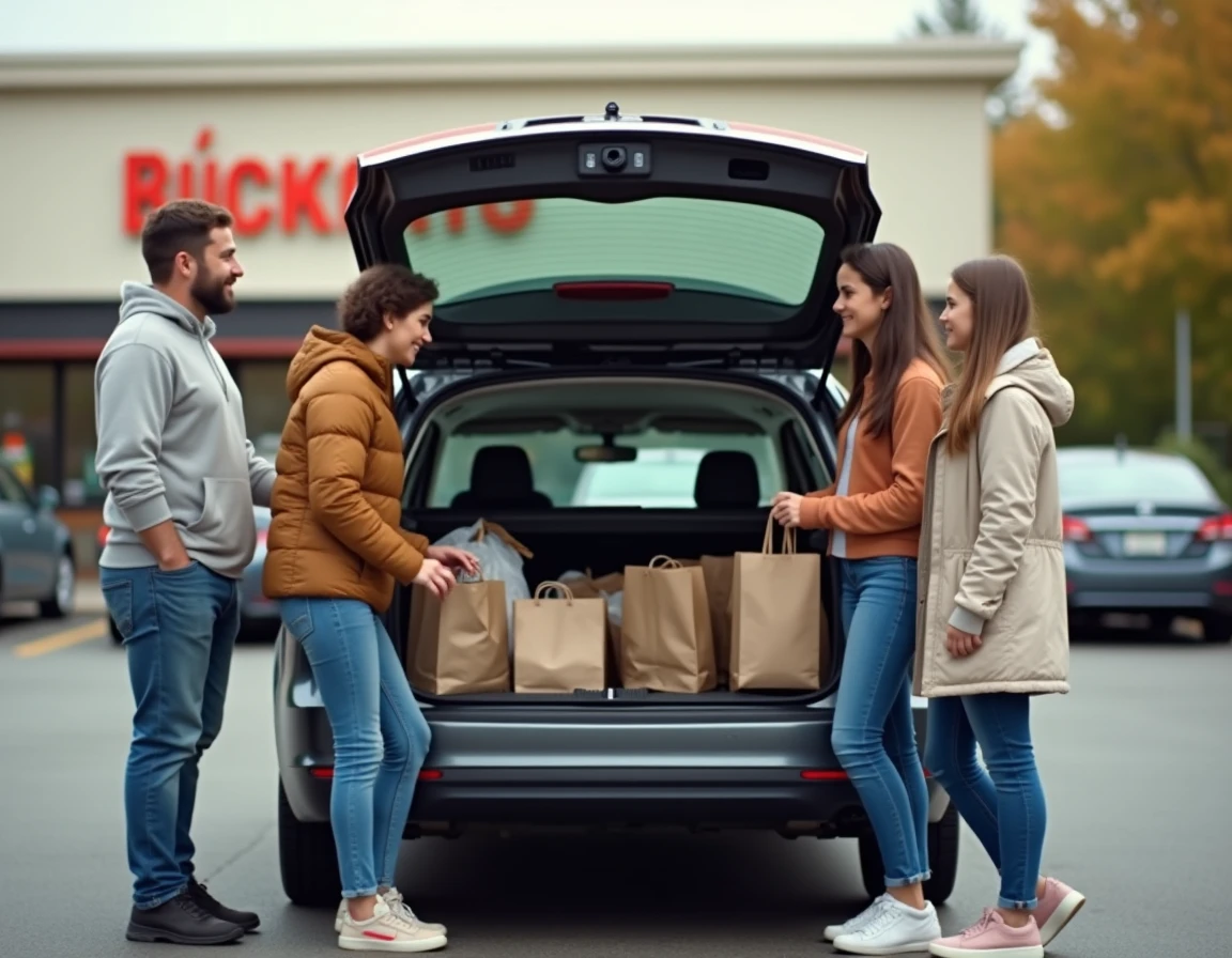 Une famille charge ses affaires dans un break familial d'occasion dans un parking résidentiel