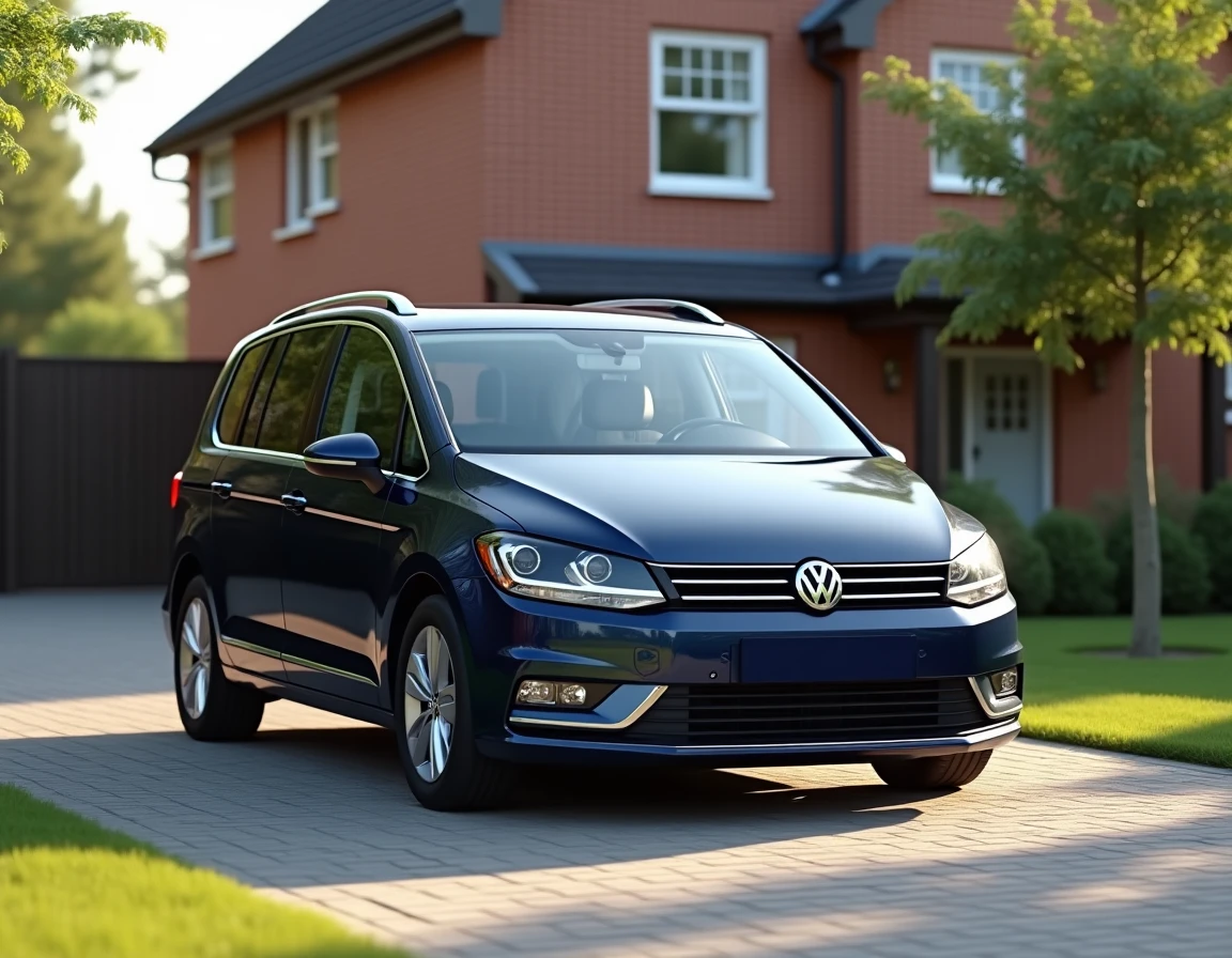 Volkswagen Touran bleu marine garé dans une allée résidentielle devant une maison familiale en briques